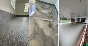 Side-by-side comparison of flake, metallic, and solid-color epoxy floor finishes