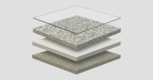 Cross-section diagram of an epoxy garage floor showing base coat, vinyl flake, and polyaspartic top coat over a concrete slab