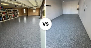 Layered epoxy base, color flake, and polyaspartic top coat in a garage floor system