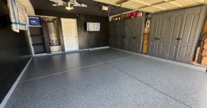 A well-installed flake epoxy garage floor still in excellent condition after years of use