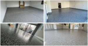 Epoxy garage floor color and flake blend samples including a metallic finish option