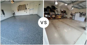 Peeling garage floor paint compared to a durable flake epoxy garage floor coating