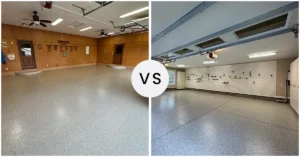 Seamless flake epoxy garage floor coating next to interlocking garage floor tiles